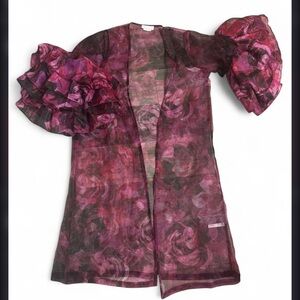 Anthropologie Sheer Ruffle Sleeve Kimono in Plum and Mauve Tones